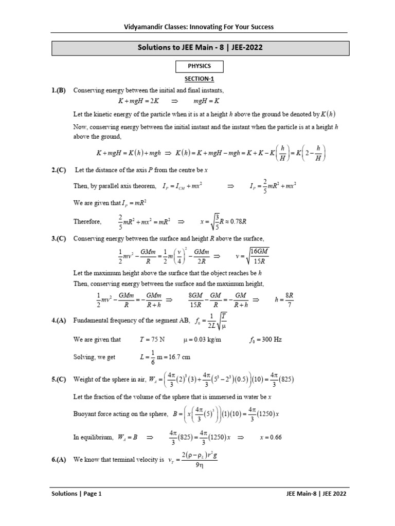JEE Main 2022 Solutions Overview | PDF | Force | Quantity
