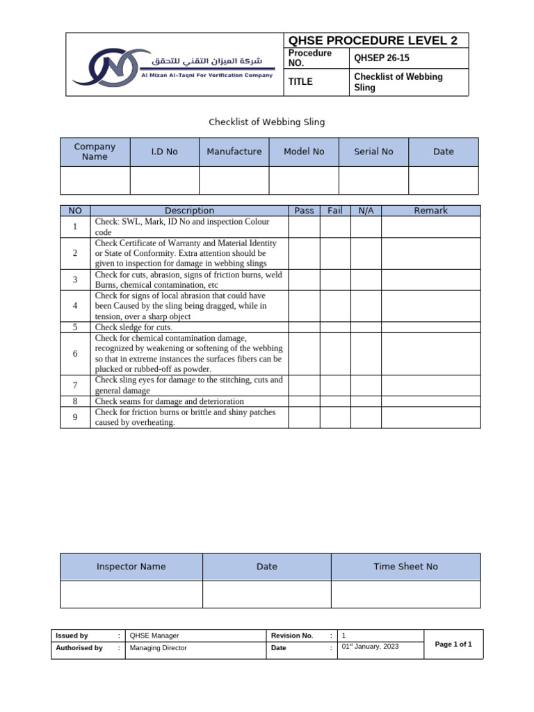 Webbing Sling Inspection Checklist | PDF