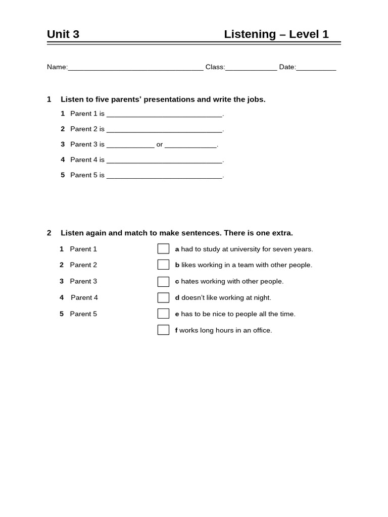 10e U3 Test Listening Student Paper - LEVEL 1 | PDF
