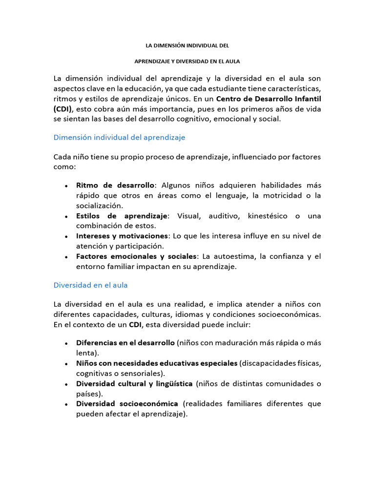 La Dimensión Individual Del APRENDIZAJE Y DIVERSIDAD EN EL AULA | PDF ...