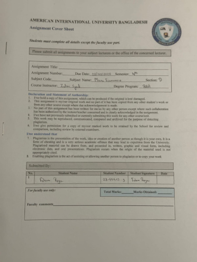 AIUB Assignment Cover Sheet Template | PDF
