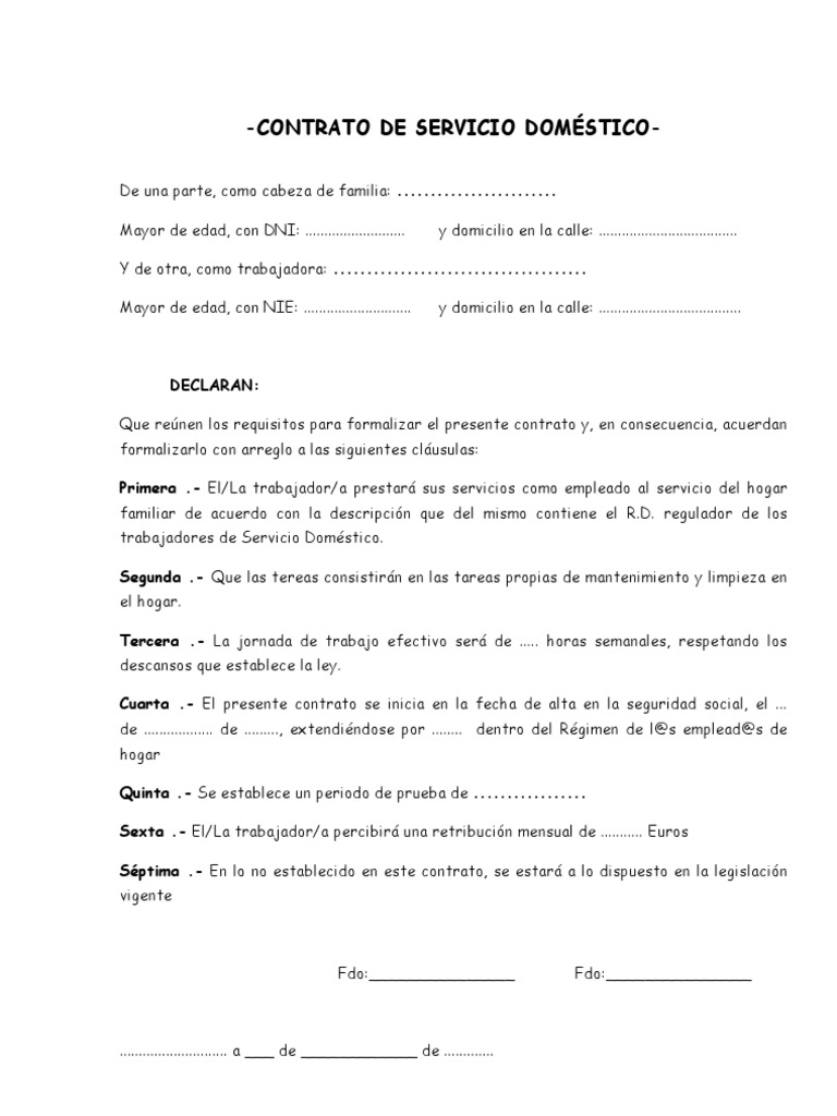 Modelo CONTRATO DE SERVICIO DOMÉSTICO