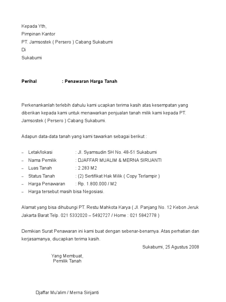 Contoh Surat Letter Of Intent Hartanah