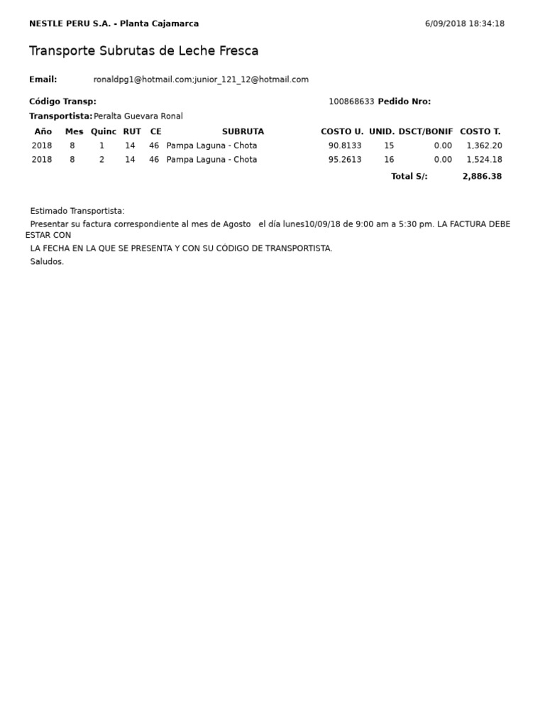 Transporte de Leche Fresca en Cajamarca | PDF