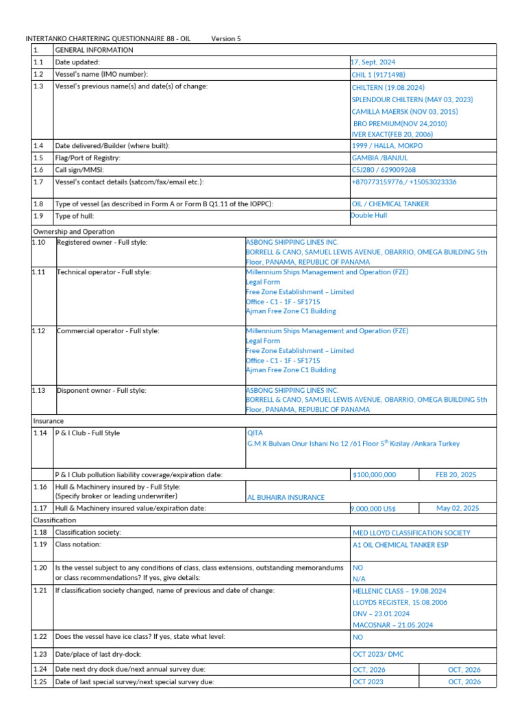 Q88 Questionnaire for CHIL 1 Vessel | PDF | Tonnage | Ships