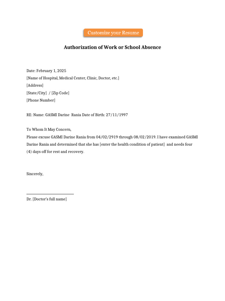 Work Absence Authorization Template | PDF