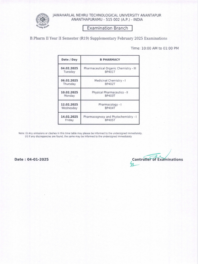 Timetables For B.pharm II Yr II Sem Supple Feb 2025 Exams | PDF ...