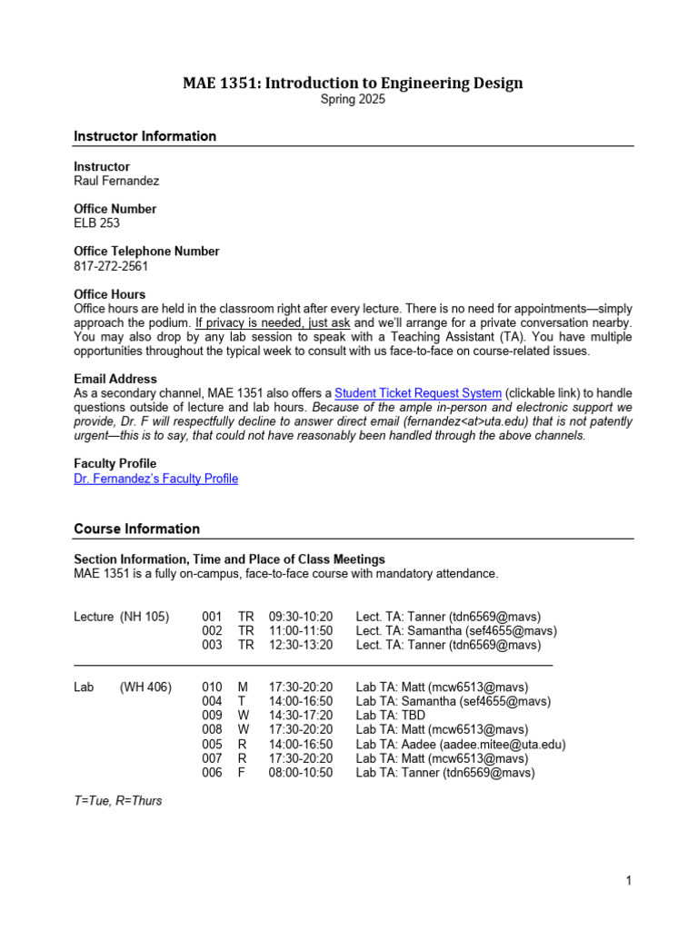 MAE 1351 Engineering Design Course Guide | PDF | Academic Dishonesty