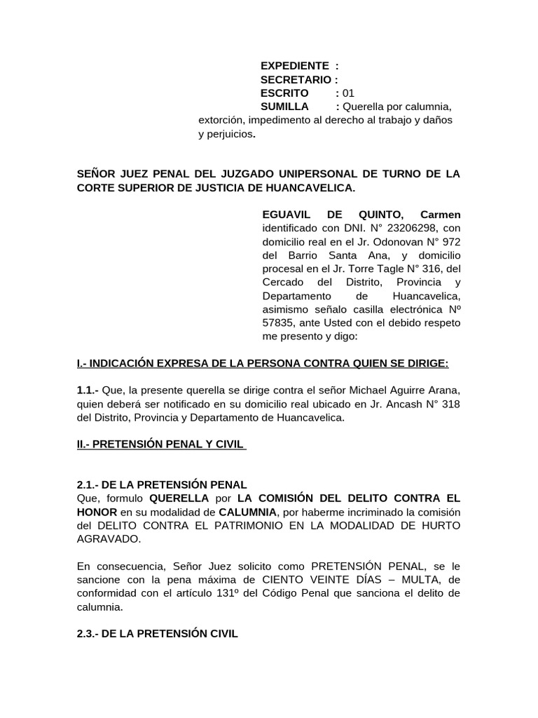 Modelo de QUERELLA Denuncia Caluniosa | PDF | Queja | Privacidad