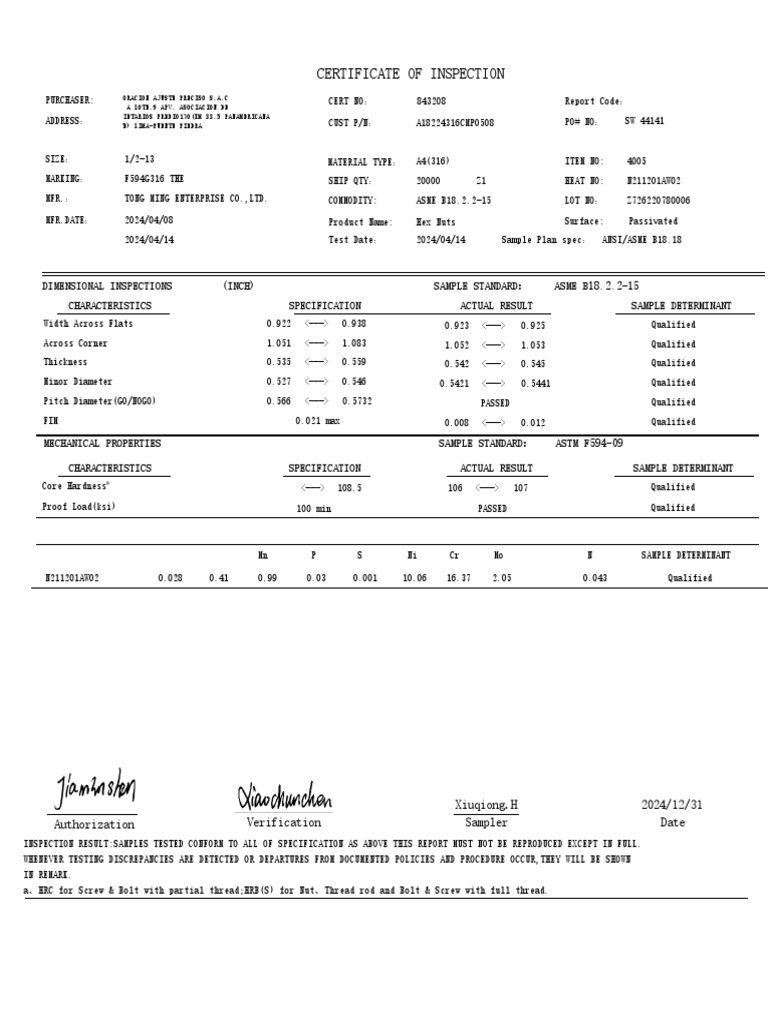 Certificate of Inspection for Hex Nuts | PDF | Screw | Metalworking