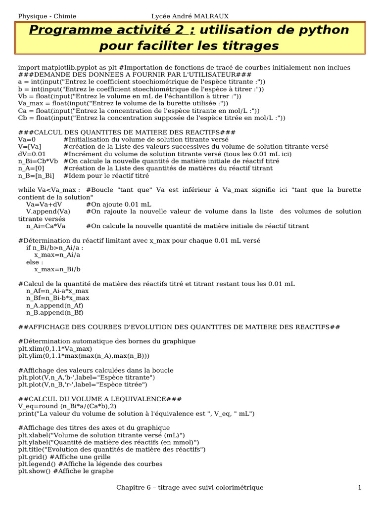 Titrage avec Python et suivi graphique | PDF | Titrage | Chimie