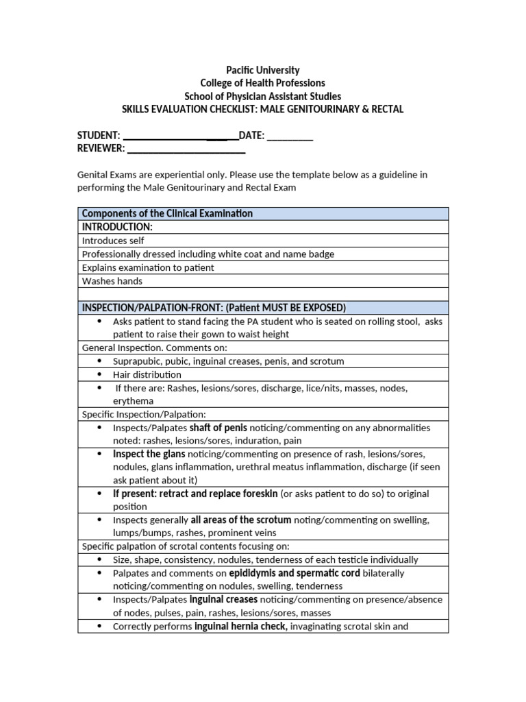 Male Genitourinary & Rectal Exam Checklist | PDF | Medical Specialties ...