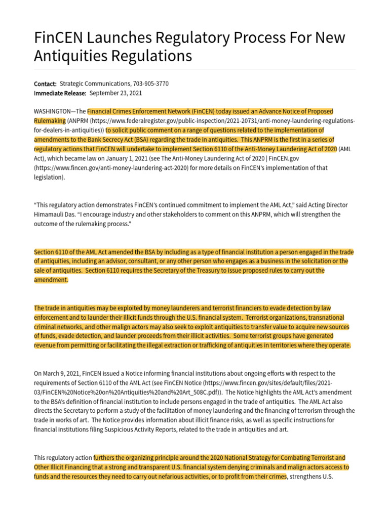 FinCEN Proposes Antiquities Regulations | PDF | Crimes | Crime & Violence
