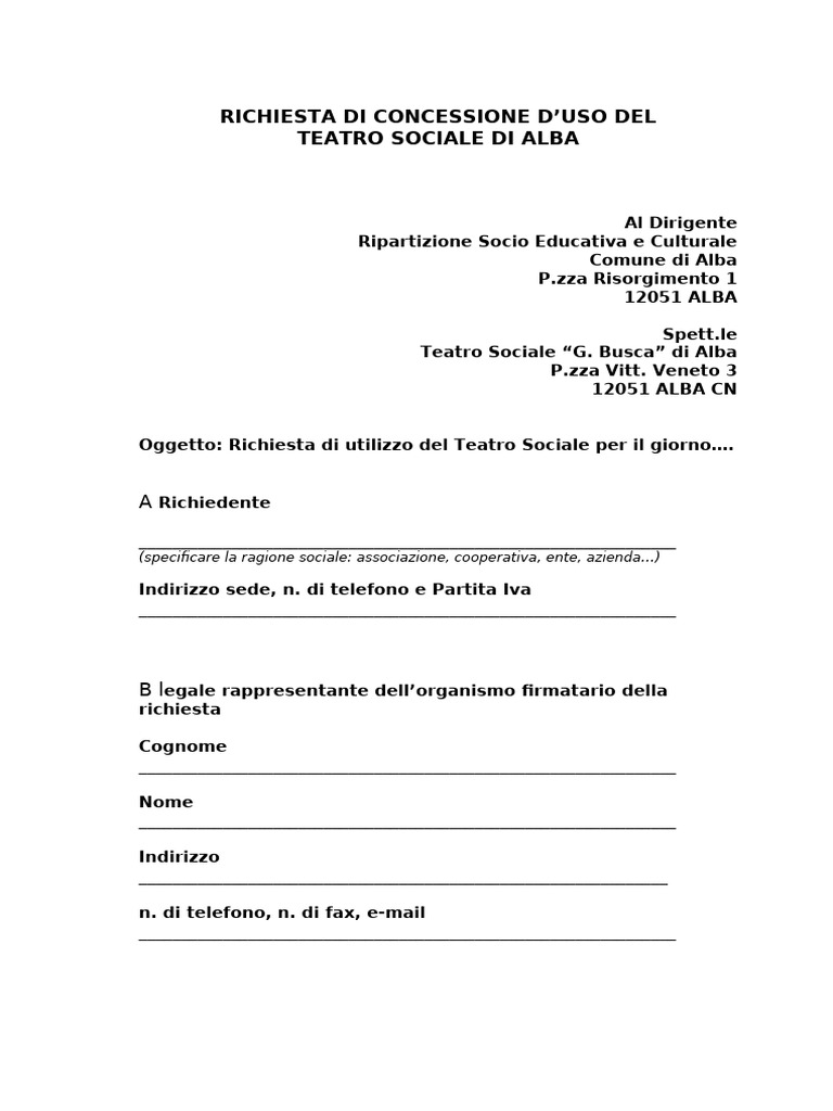Modulo Da Compilare Per La Richiesta Di Concessione Degli Spazi | PDF