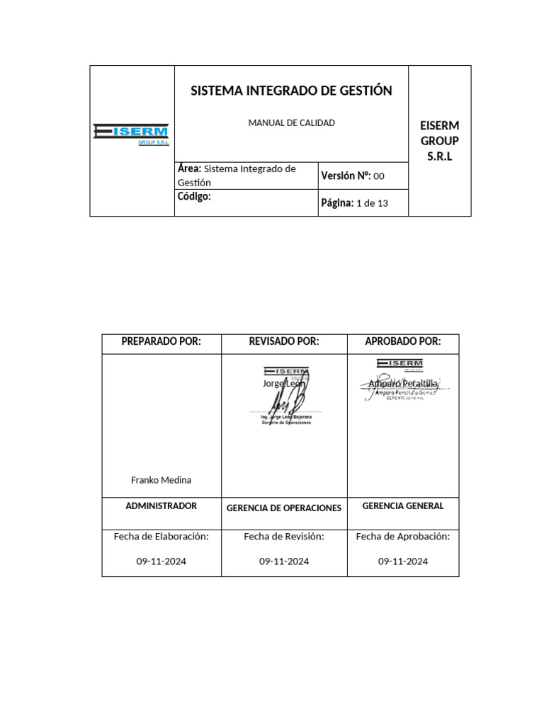Eiserm Pres PL 01 002 Manual de Calidad | PDF | Calidad (comercial ...