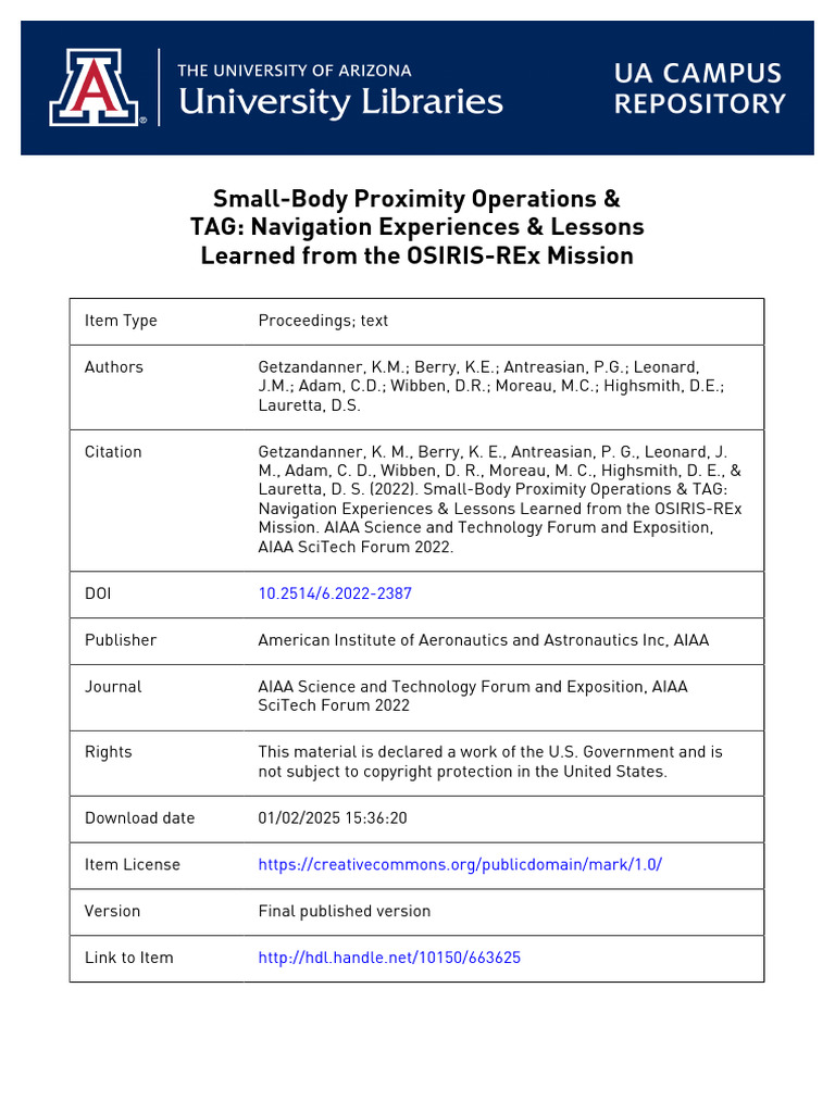 Small-Body Proximity Operations & Tag: Navigation Experiences & Lessons ...