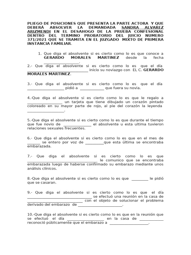 Pliego de Posiciones Que Presenta La Parte Actora | PDF