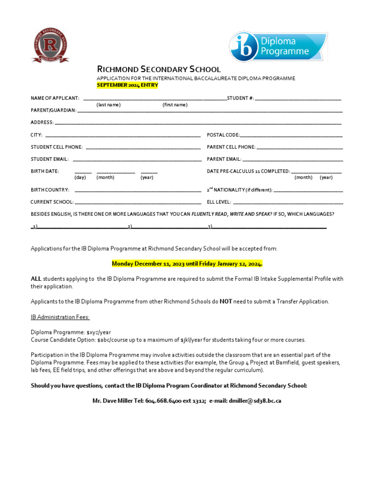 Richmond Secondary IB Diploma Application | PDF | Schools | Educational ...