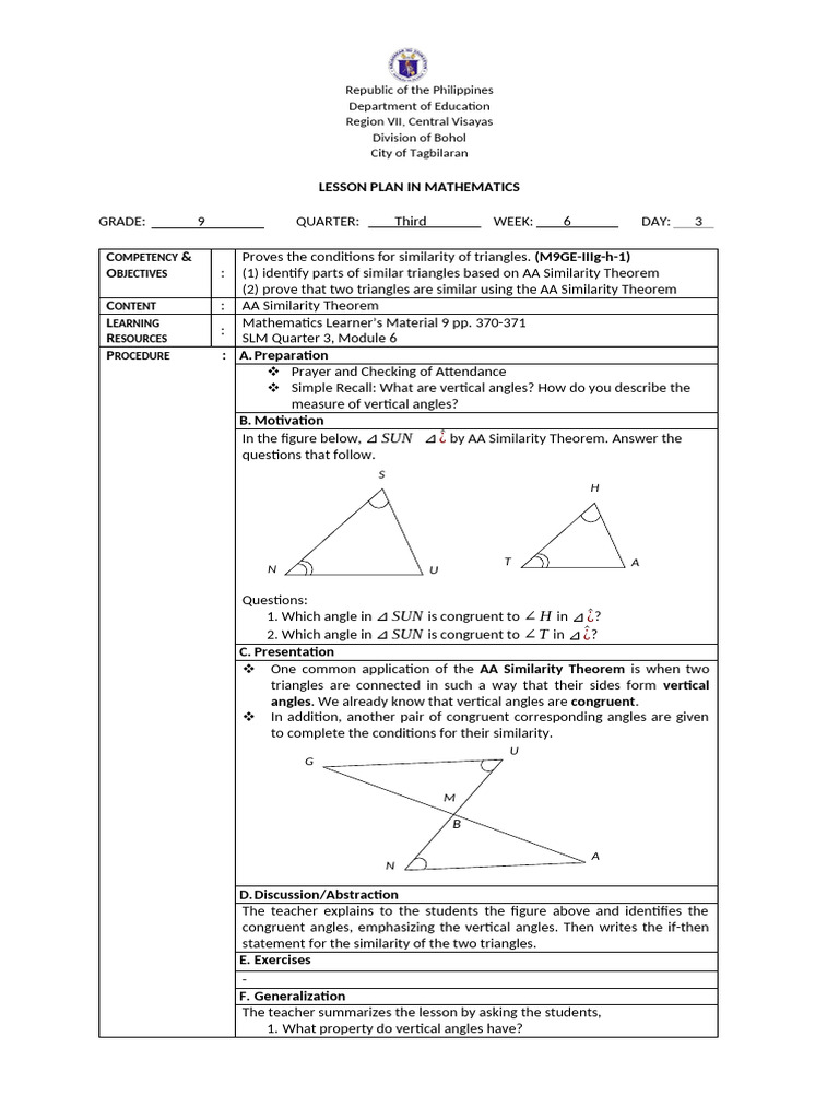 Grade 9 Math Lesson Plan: AA Similarity | PDF | Triangle | Mathematics