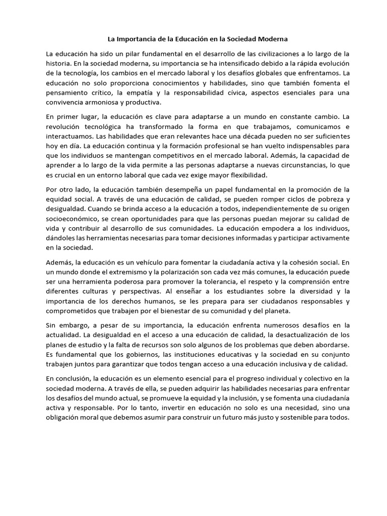 La Importancia de La Educación en La Sociedad Moderna | PDF | Sociedad ...