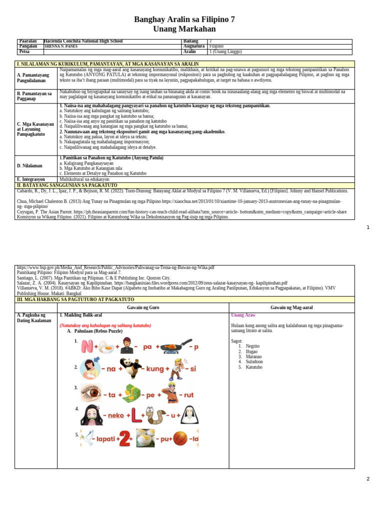 FILIPINO 7 - Lesson Exemplar - HCNHS | PDF