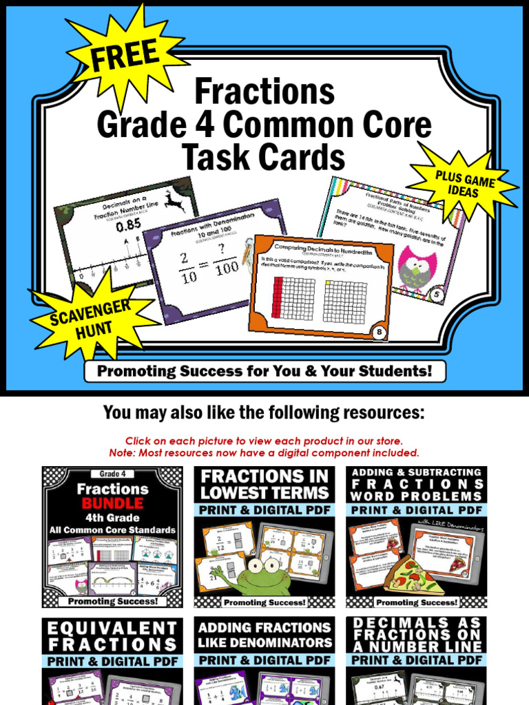 Fractions Grade 4 Common Core Task Cards: Promoting Success For You ...