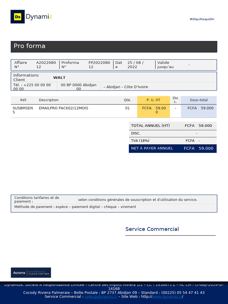Proforma de service EMAILPRO - Dynamize | PDF
