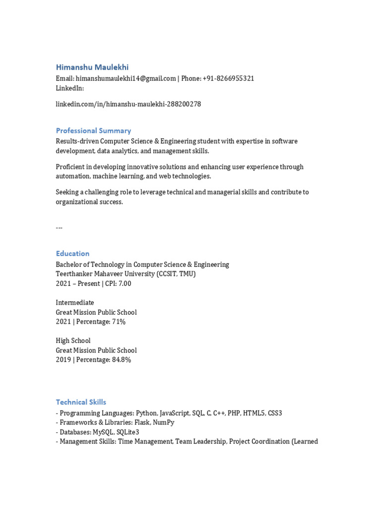 Computer Science Student Profile & Skills | PDF | Python (Programming ...