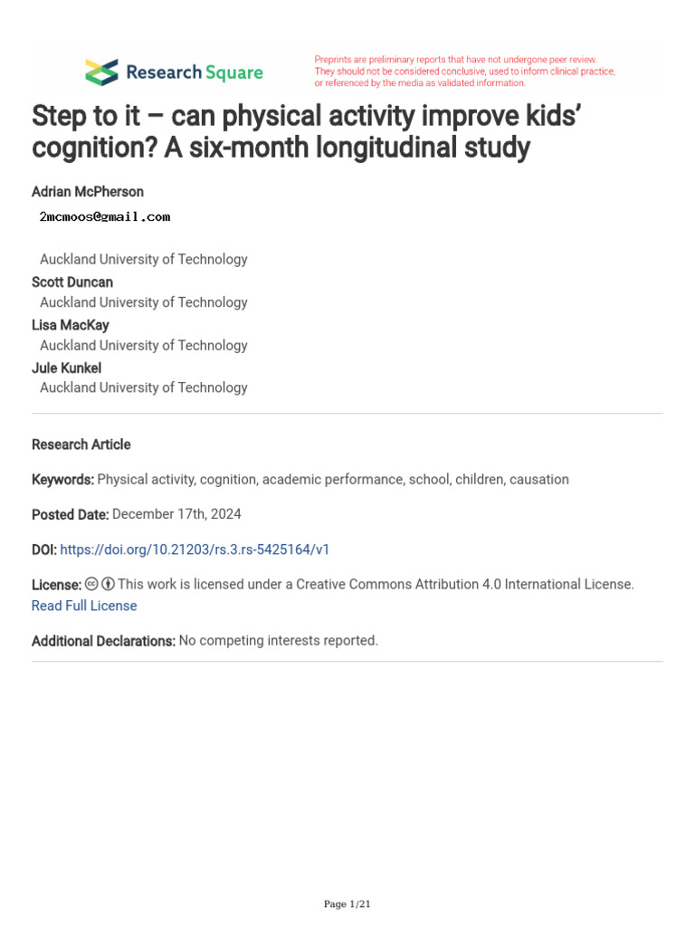 Physical Activity's Impact on Kids' Cognition | PDF | Outlier | Mean