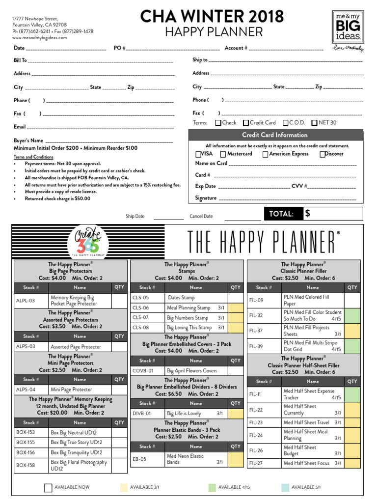 01a Cha - W2018 Order Form - The Happy Planner | PDF | Credit Card ...