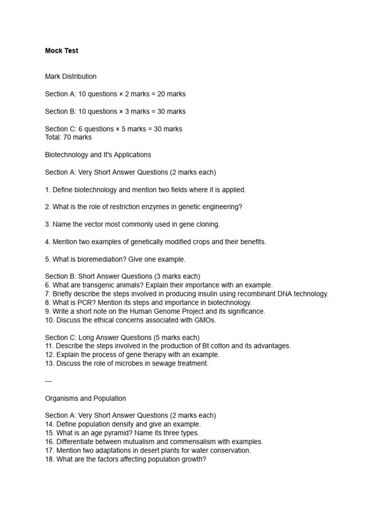 Biotechnology and Population Ecology Mock Test | PDF