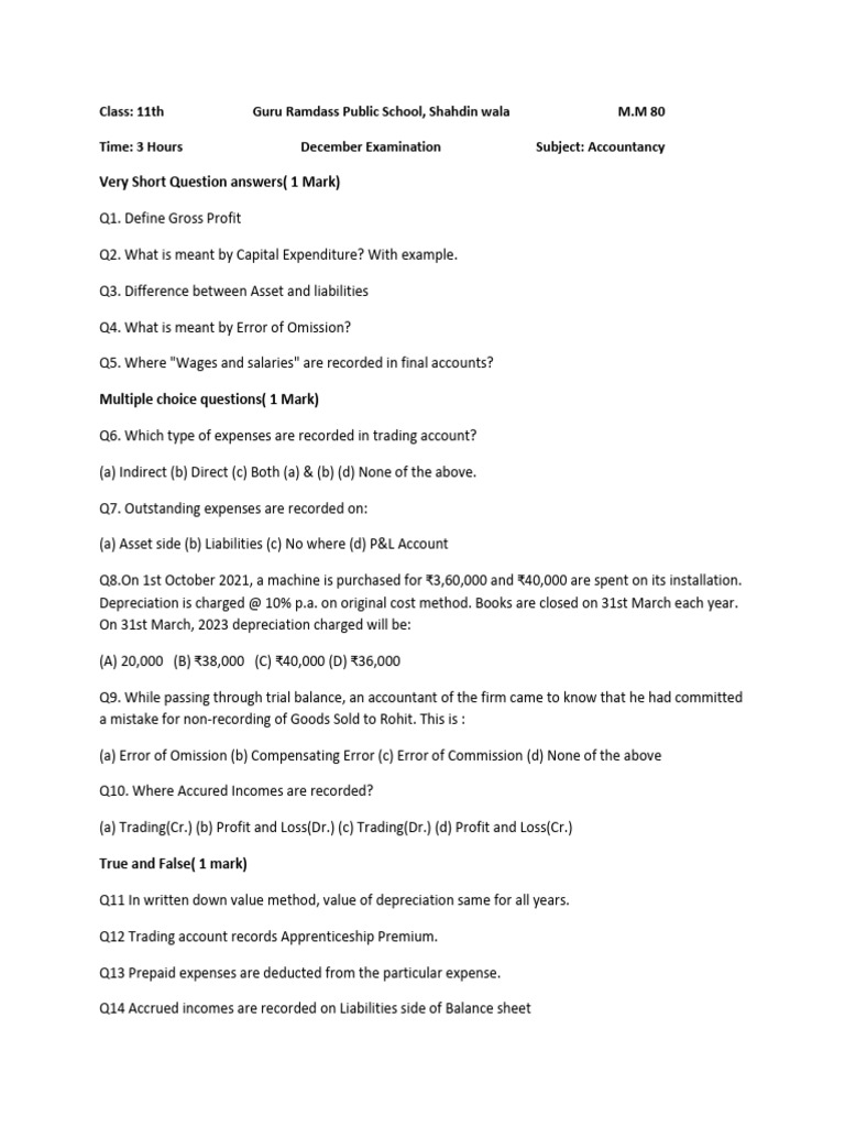 11th Grade Accountancy Exam Questions | PDF | Expense | Debits And Credits