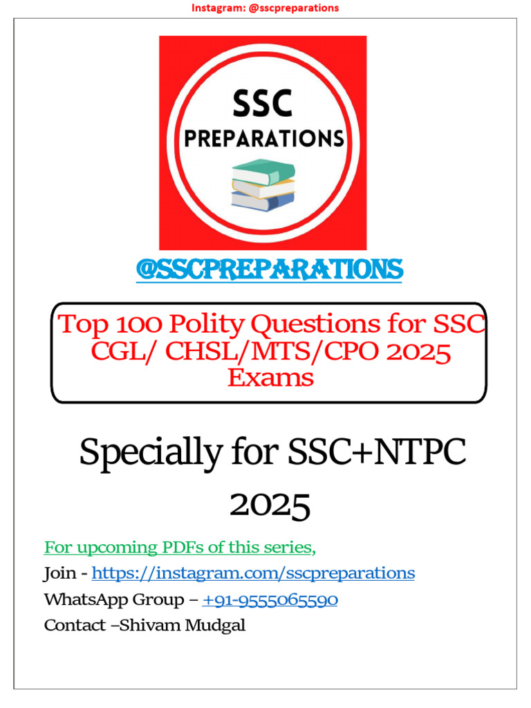 Top 100 Polity Questions for SSC Exams | PDF | Governance | Justice