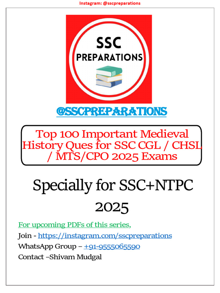 Top 100 Medieval History Questions for SSC | PDF | Mughal Empire