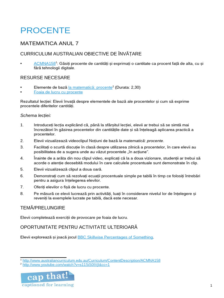 Plan de Lecție Despre Procente | PDF