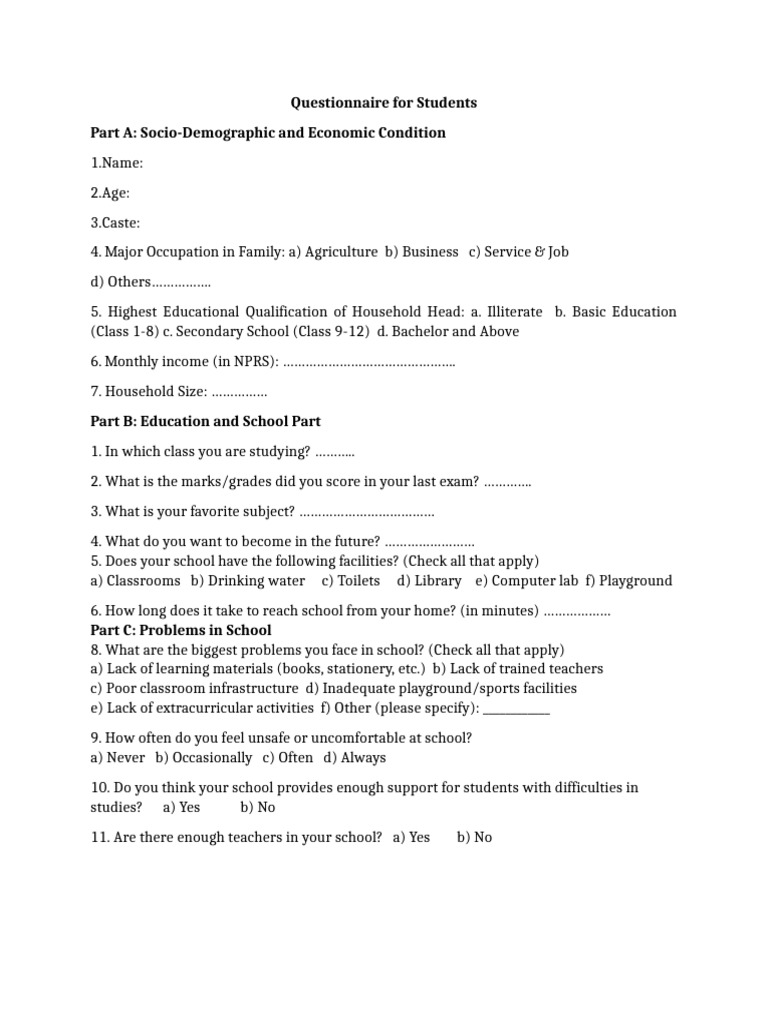 Questionnaire for Students | PDF | Schools | Teachers