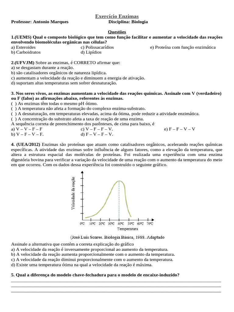 Exercícios sobre Enzimas e Cinética | PDF | Enzima | Reações químicas