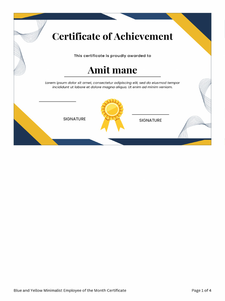 Blue and Yellow Minimalist Employee of The Month Certificate 2 | PDF