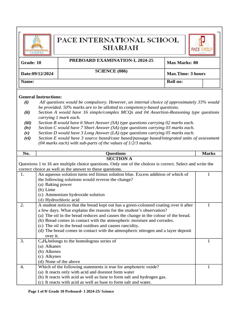 GRADE 10 CBSE SCIENCE PREBOARD QP 2024-25 | PDF | Chemical Reactions ...