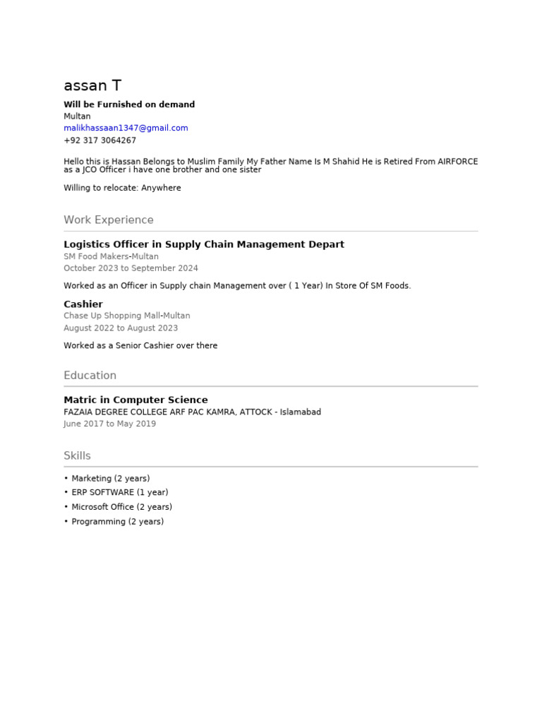 Logistics Officer Resume - Hassan T | PDF