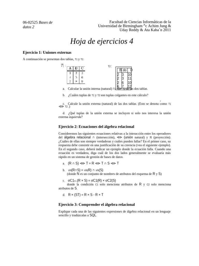 Ejercicios de álgebra relacional y SQL | PDF | Matemáticas | Álgebra