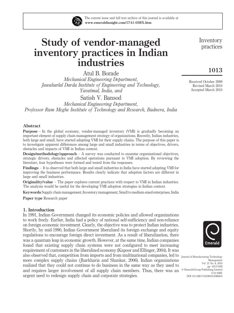 Vendor-Managed Inventory in Indian Industries | PDF | Supply Chain ...