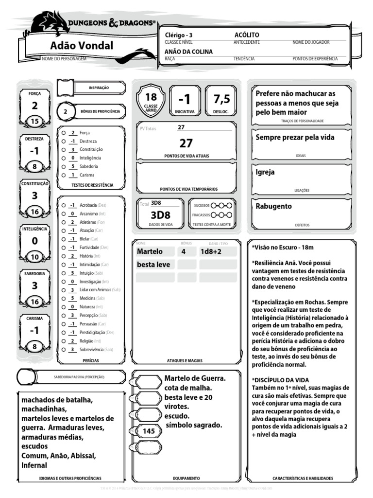 D&D 5E Editável - Clérigo | PDF