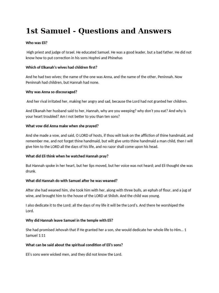 Questions and Answers First Samuel | PDF | Samuel | Books Of Samuel