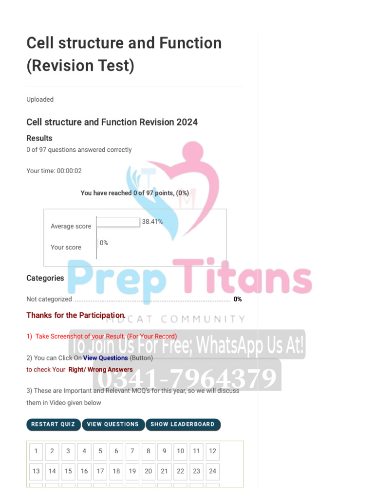 Cell Structure and Function Quiz 2024 | PDF | Cell Membrane ...