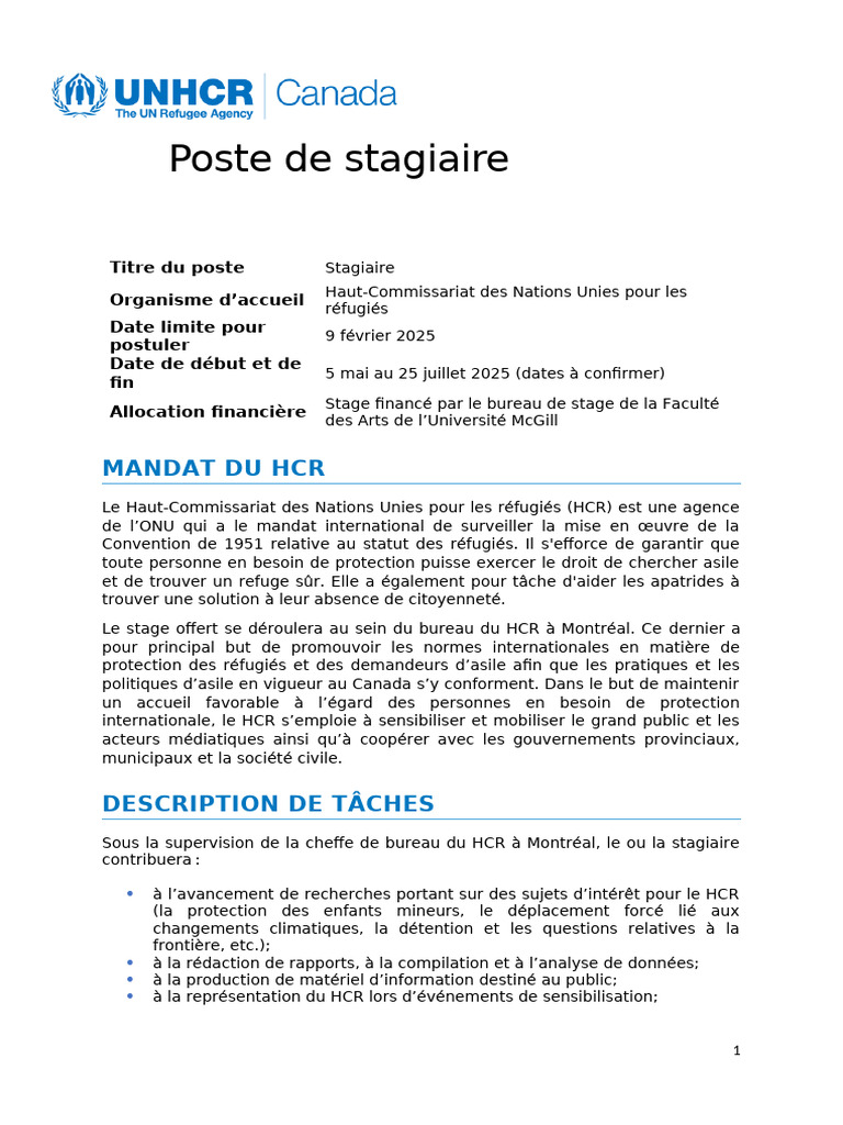 Stage au HCR Montréal 2025 | PDF | Haut Commissariat des Nations unies ...