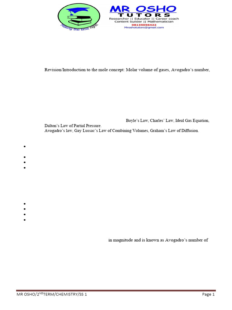 Second Term Ss1 Chemistry | PDF | Mole (Unit) | Chemistry