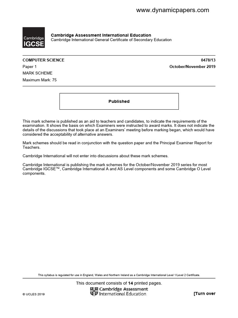 Cambridge Assessment International Education: Computer Science 0478/13 ...