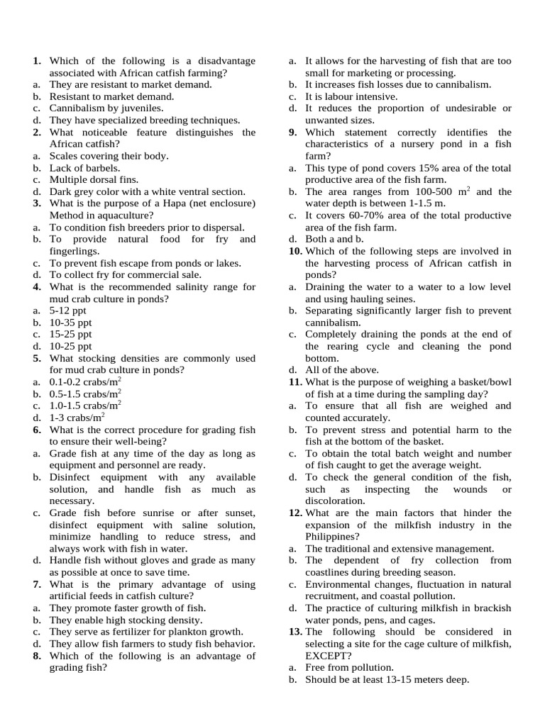 Long Quiz Questionnaire | PDF | Aquaculture | Fish