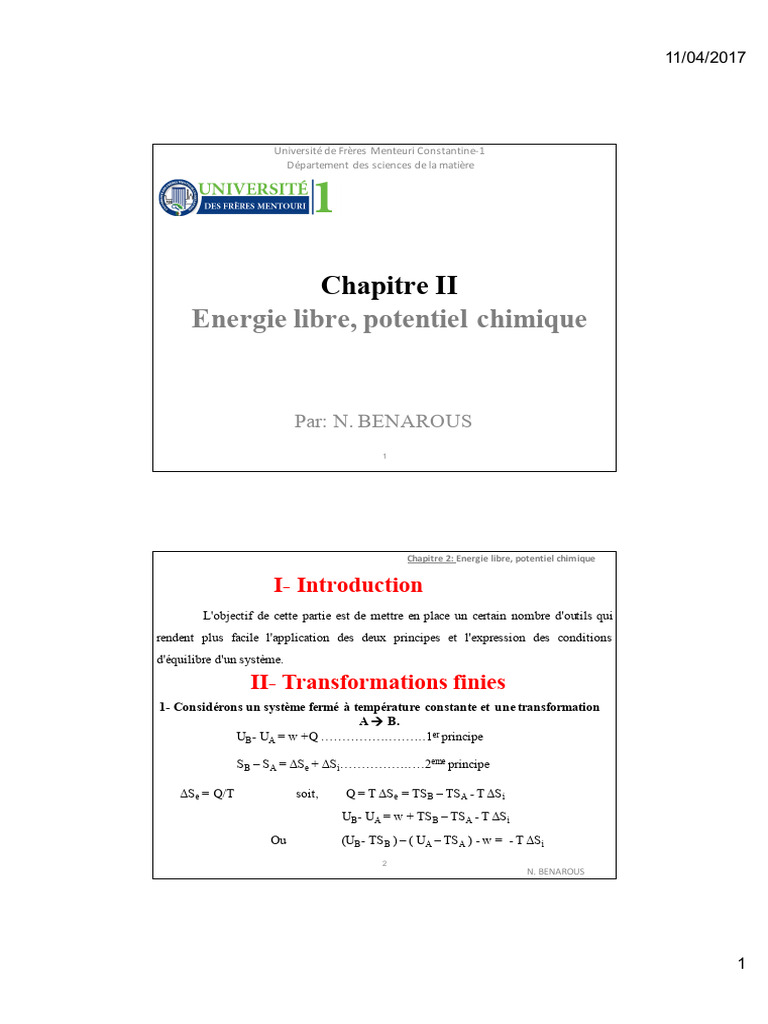 Énergie libre et potentiel chimique | PDF | Enthalpie libre | Équilibre ...